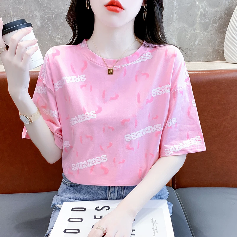印花t恤女短袖2024夏季新款宽松休闲百搭减龄圆领半袖时尚上衣服