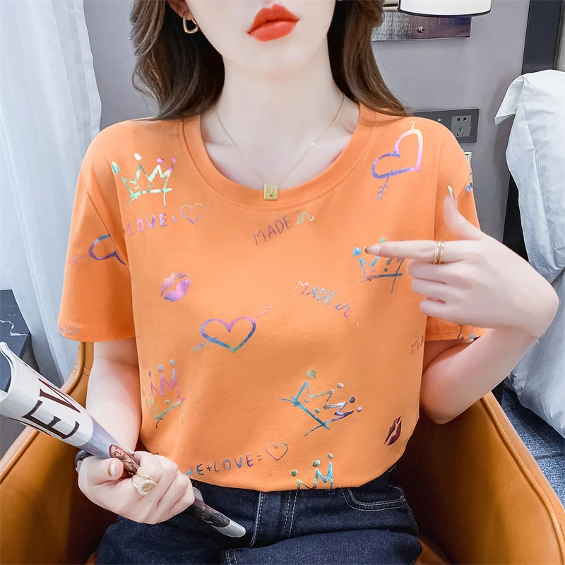 纯棉短袖t恤女2025年夏季新款韩版宽松体恤设计感时尚印花上衣服