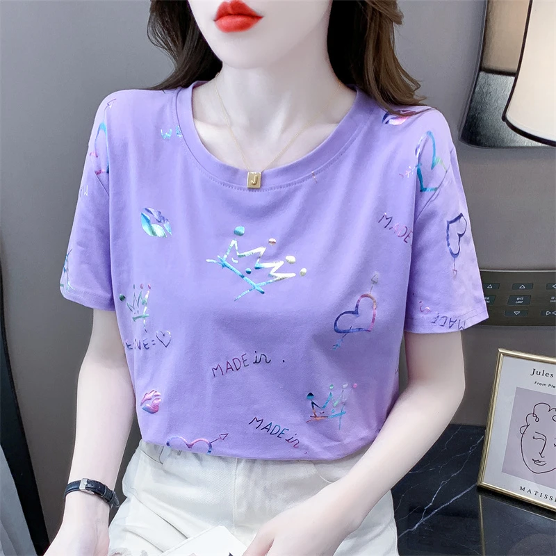 宽松短袖t恤女2025夏季爆款女士小众设计感上衣韩版圆领烫金体恤