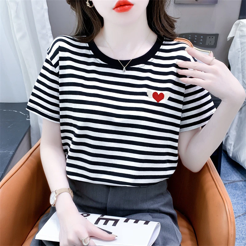 圆领撞色条纹短袖T恤女新款时尚刺绣宽松休闲百搭显瘦夏季上衣女