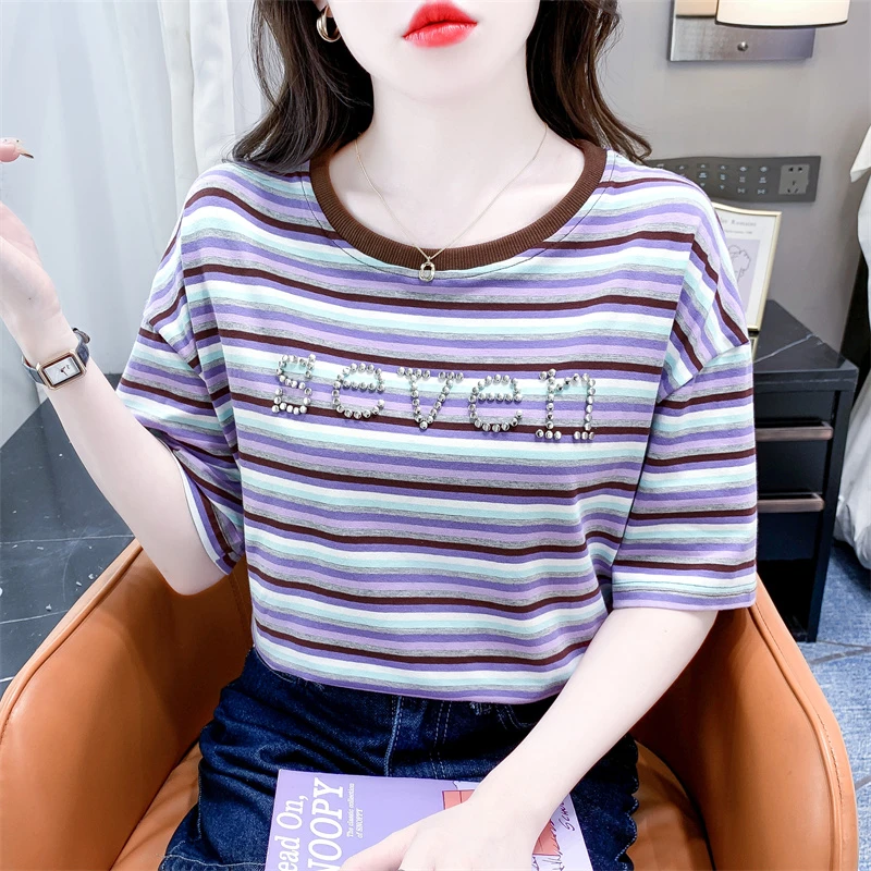 重工钉珠条纹短袖t恤女夏季新款宽松显瘦休闲百搭圆领体恤上衣