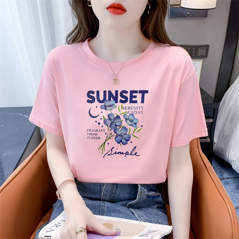 夏季多巴胺粉色短袖t恤女时尚减龄设计感印花新款宽松体恤上衣潮