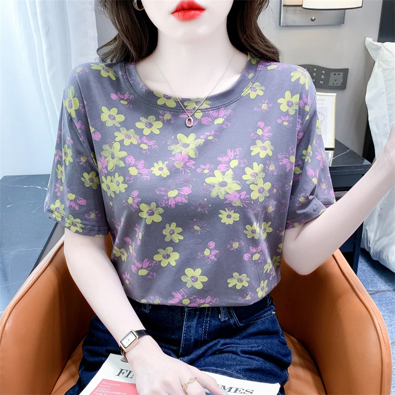 时尚花朵印花短袖t恤女夏季新款宽松休闲显瘦圆领体恤正肩上衣
