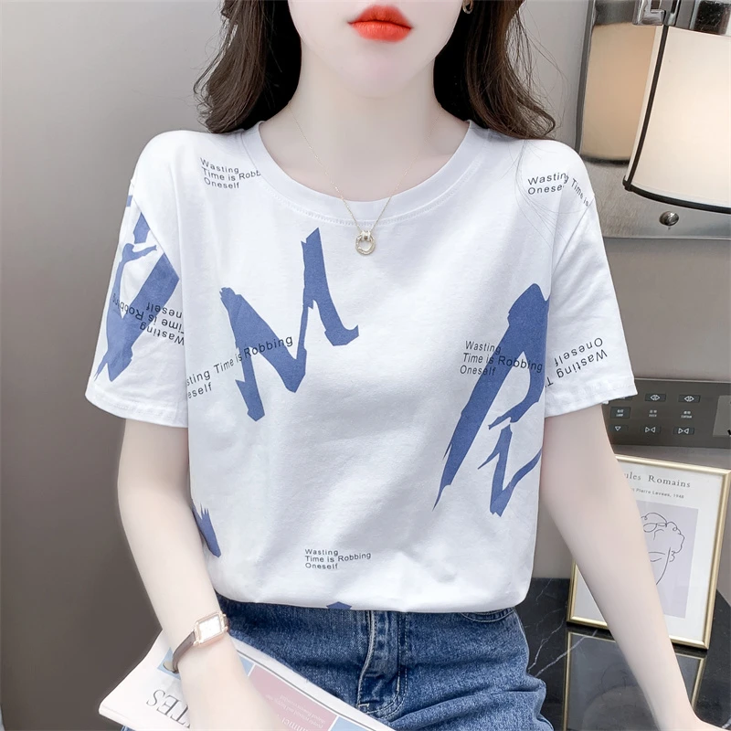 时尚印花白色t恤女短袖夏季新款宽松休闲显瘦百搭遮肚子圆领上衣