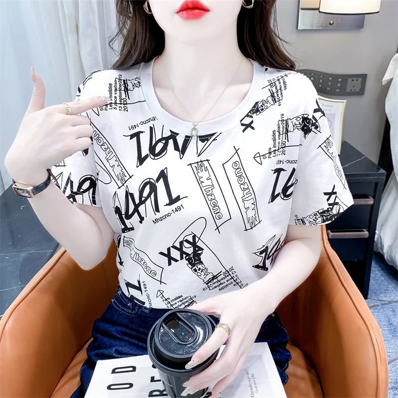 白色t恤女短袖上衣夏季2024年新款百搭圆领印花短袖宽松体恤
