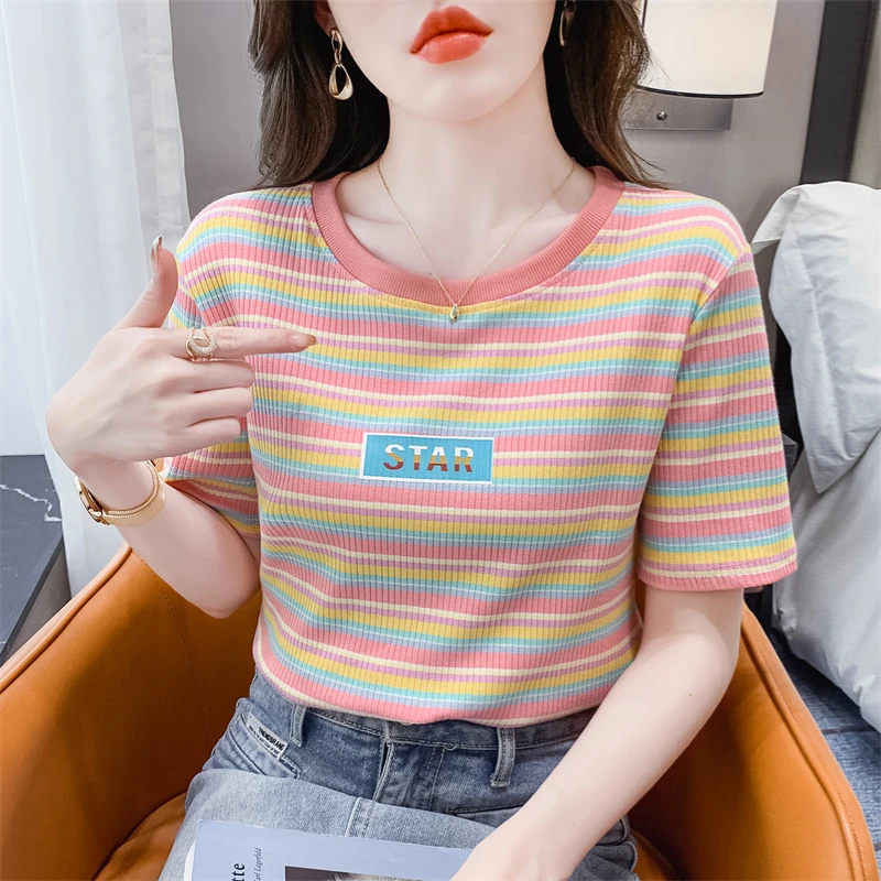 纯棉撞色条纹短袖t恤女2023春夏新款修身设计感小众印花短款上衣