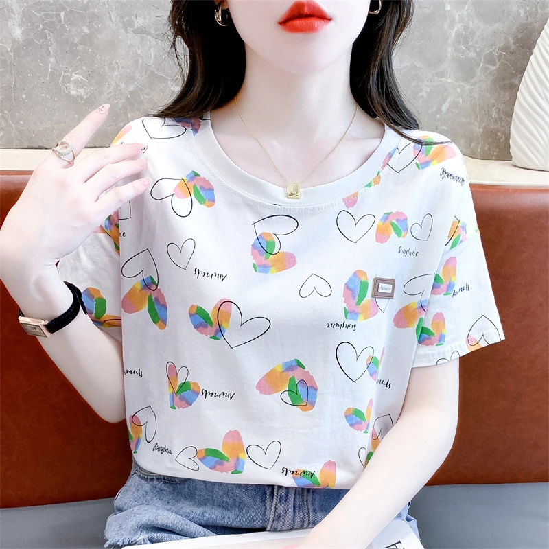 爱心印花短袖t恤女士时尚夏装新款宽松设计感体恤百搭别致上衣服