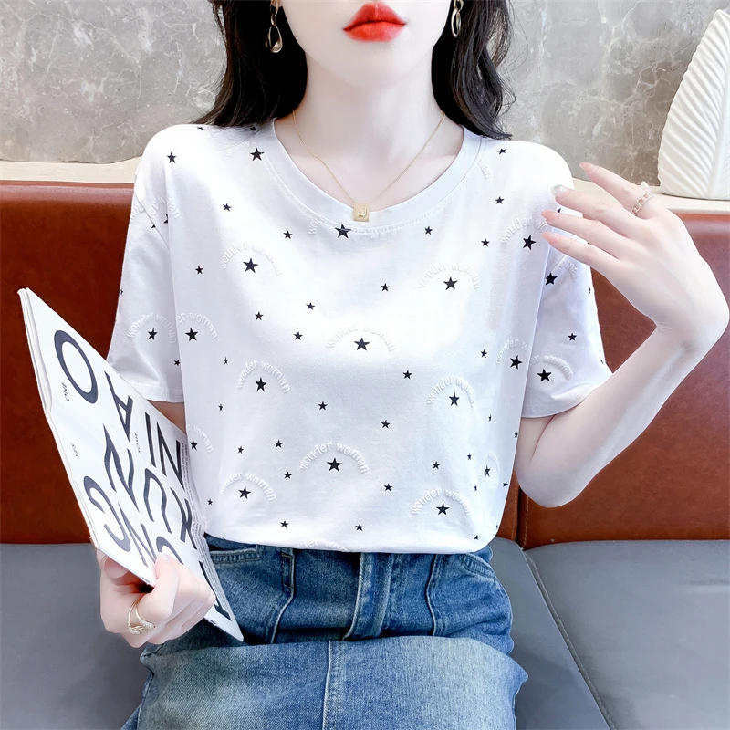 时尚印花白色t恤女短袖夏季新款宽松显瘦休闲百搭圆领体恤上衣