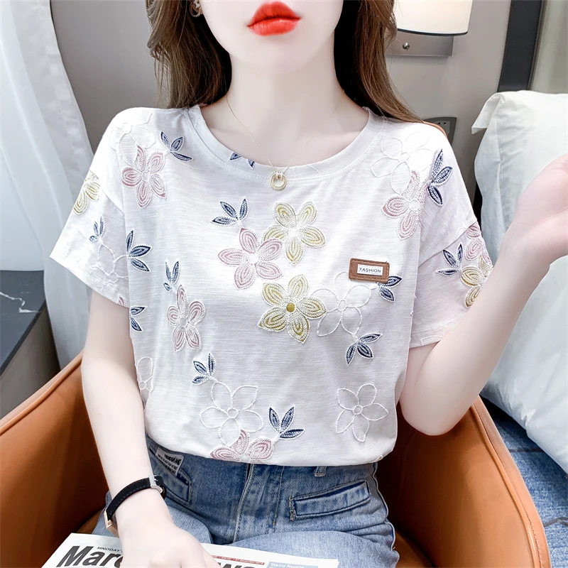碎花短袖t恤女士白色半袖体恤夏装2025新款宽松时尚洋气上衣爆款