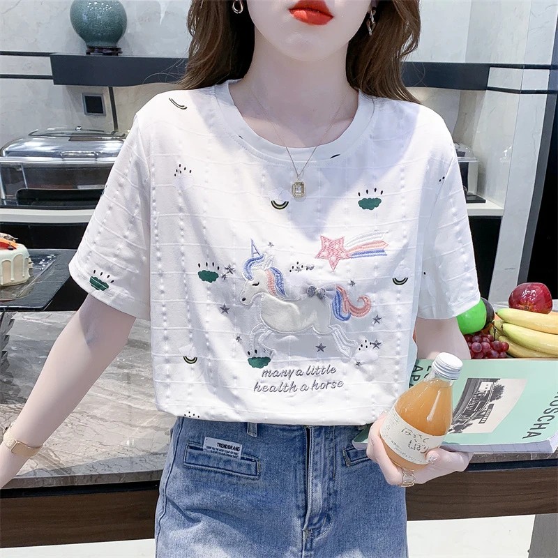 重工时尚白色t恤女短袖2024夏季新款女士宽松休闲圆领气质上衣