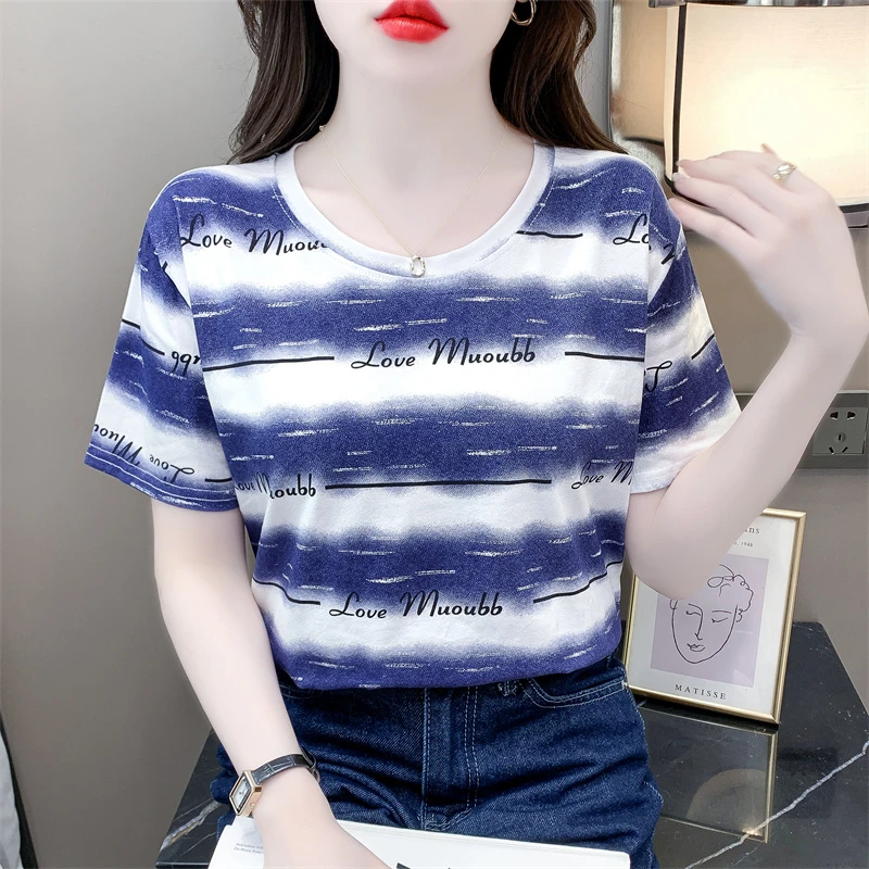 时尚印花短袖t恤女夏装2024新款韩版宽松休闲白色半袖体恤上衣