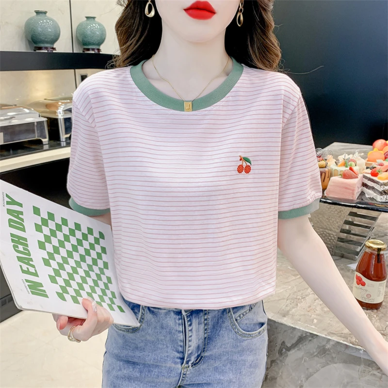 时尚条纹短袖T恤女2024夏季新款宽松休闲百搭刺绣圆领显瘦上衣女