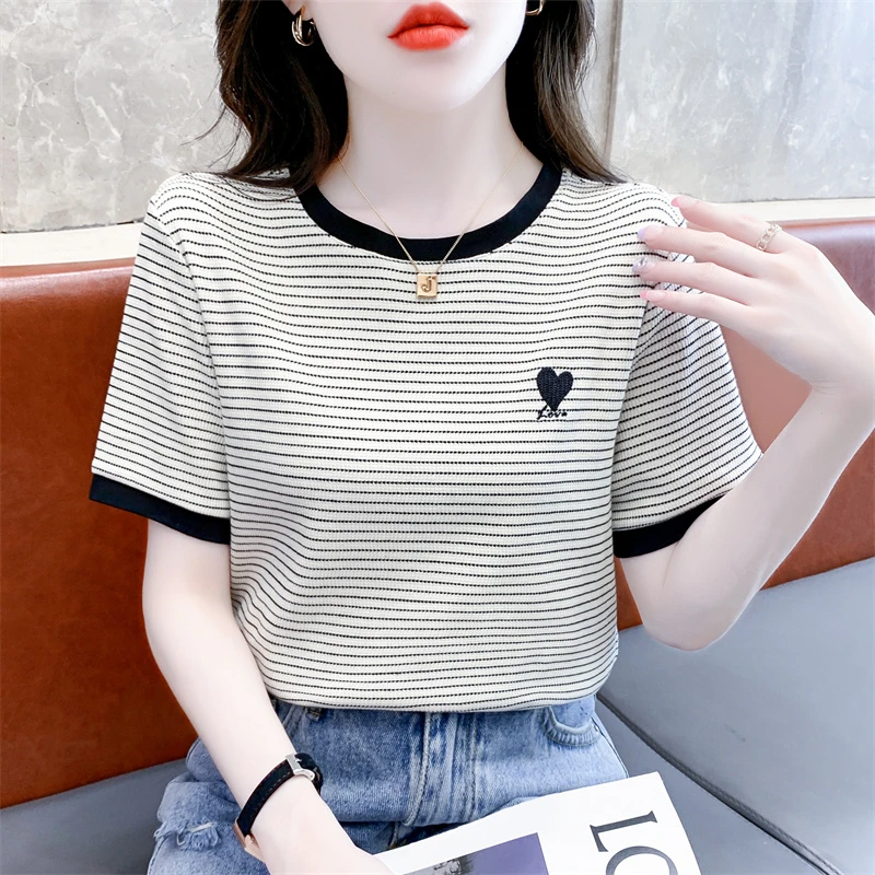 爱心刺绣纯棉条纹短袖T恤女2023夏季新款修身显瘦女士正肩上衣