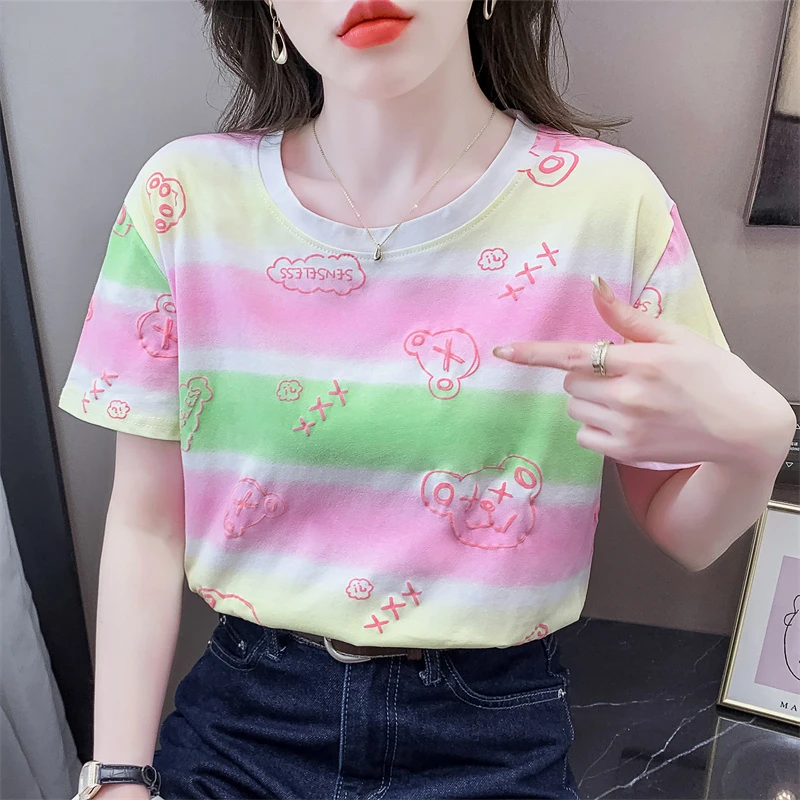 棉质彩虹条纹t恤女2025夏季新款宽松减龄设计感小众体恤衫上衣服