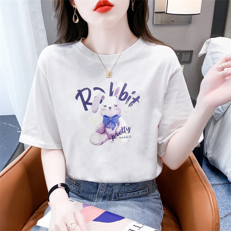 宽松卡通印花体恤女ins潮夏季新款宽松短袖t恤女韩版时尚白色体恤