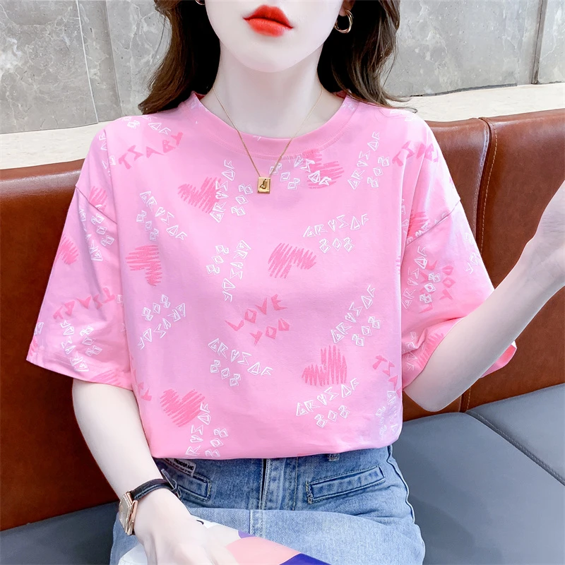 棉质印花短袖t恤女装2025夏季新款韩版宽松圆领体恤百搭休闲上衣