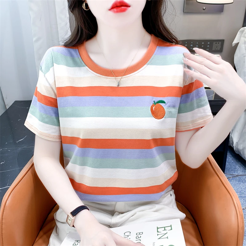 纯棉条纹短袖T恤女夏季新款宽松休闲百搭高级刺绣圆领体恤上衣