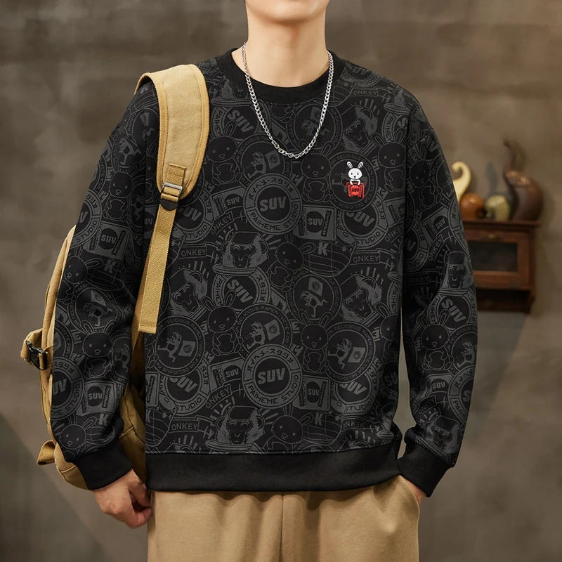 2024年秋冬新款潮流男士卫衣圆领套头宽松上衣时尚印花设计百搭