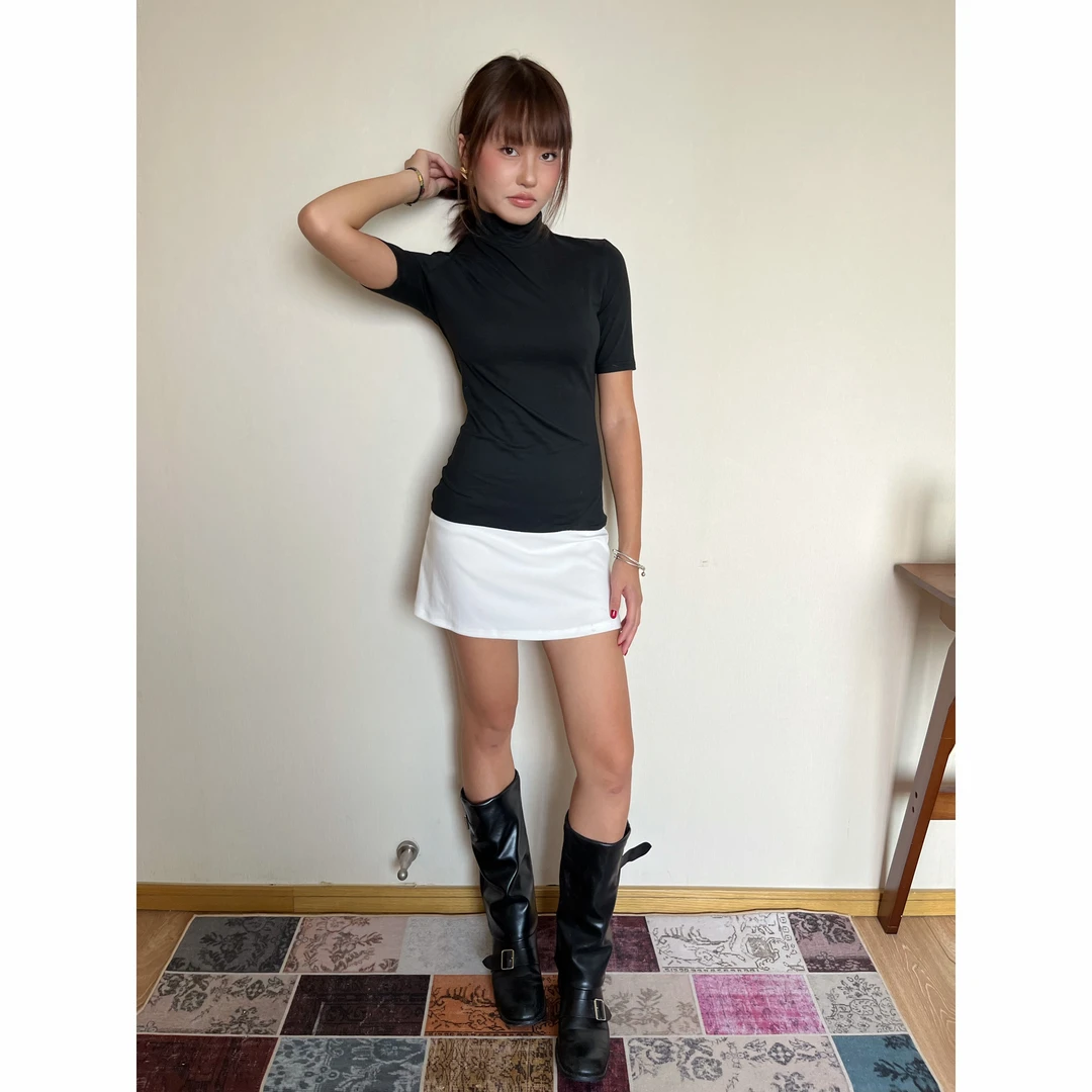 Silveryblood五分袖黑白拼色复古包臀连衣裙 高级百搭高领亲肤