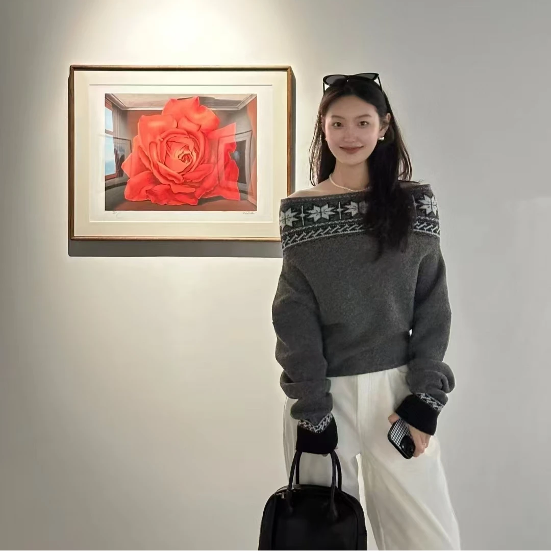 复古费尔岛灰色一字肩毛衣女秋冬季慵懒风宽松打底抗寒特厚版毛衣