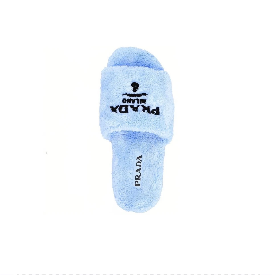 全新未使用 Prada/普拉达 普拉达/毛巾布徽标露趾时尚凉拖/浅蓝色