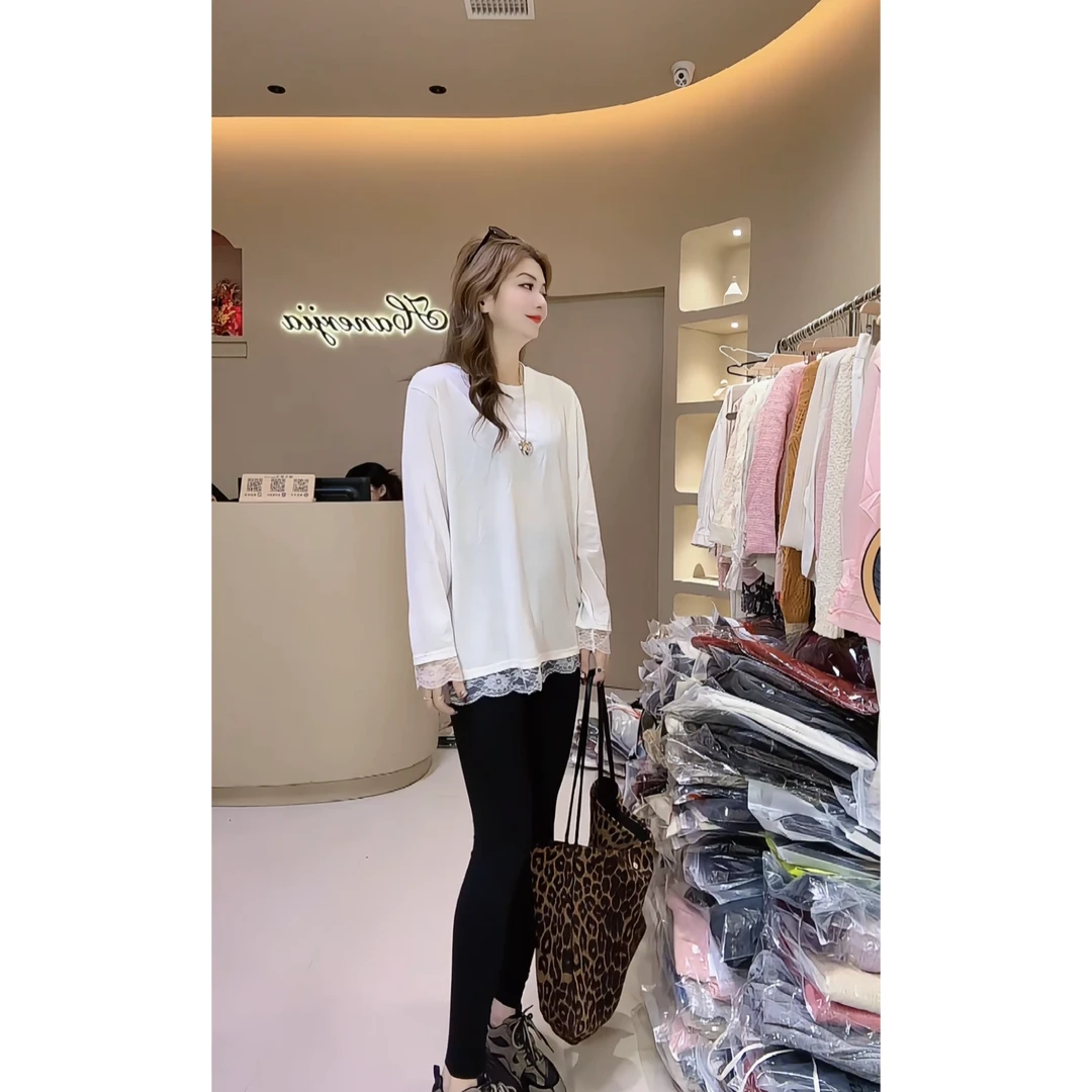 涵儿家 韩版宽松休闲圆领蕾丝拼接打底衫