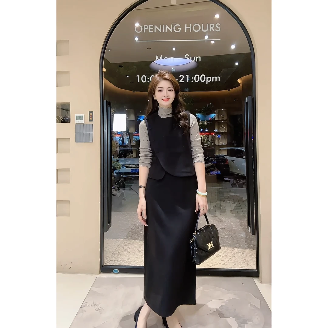 涵儿家 秋冬高级感两件套套装（斜扣马甲+后背开叉半裙）