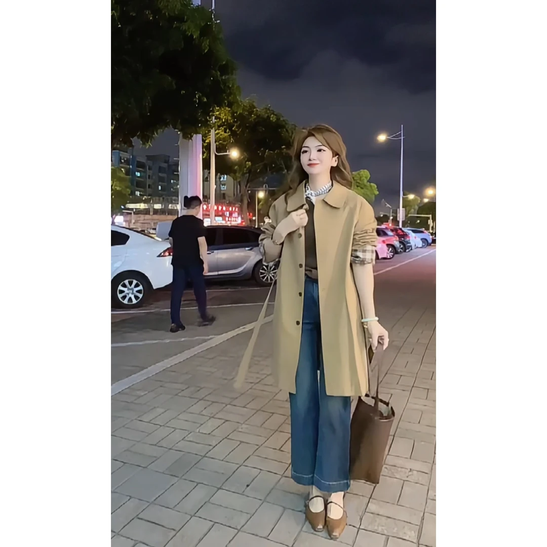 涵儿家 秋季韩版单排扣格子翻袖中长款风衣