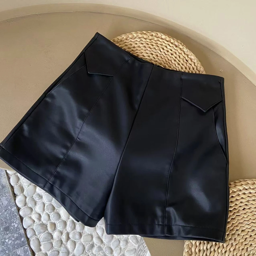 涵儿家 秋冬百搭时尚单品拉链光泽感A字短裤