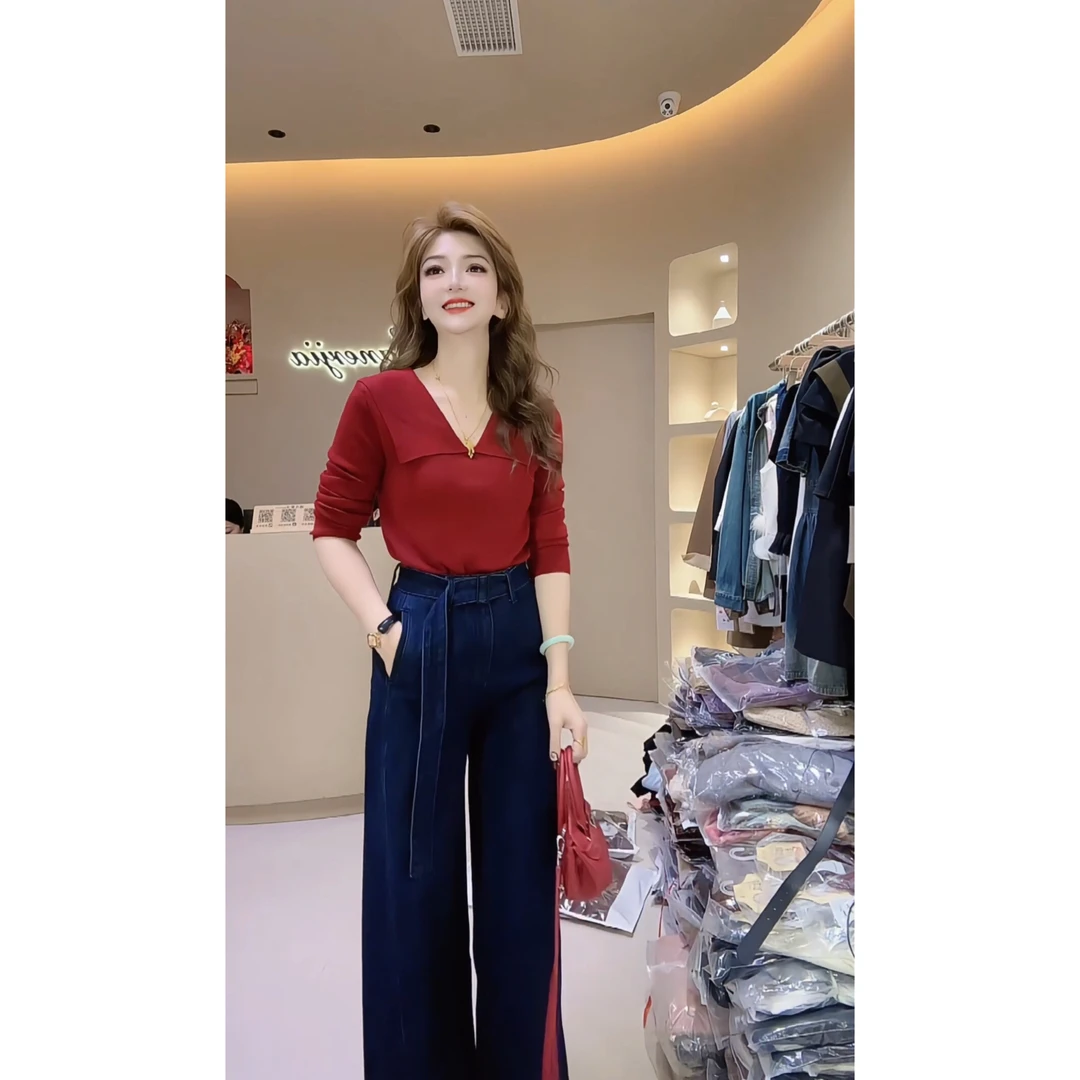 涵儿家 秋季韩系娃娃领针织衫 VS  复古腰带设计阔腿牛仔裤