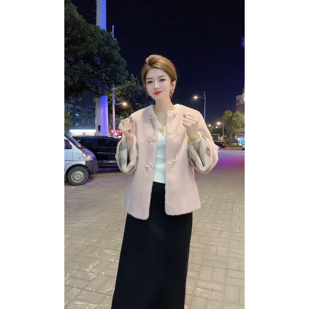 涵儿家 冬季新中式国风盘扣刺绣拼接加厚款毛毛外套5907