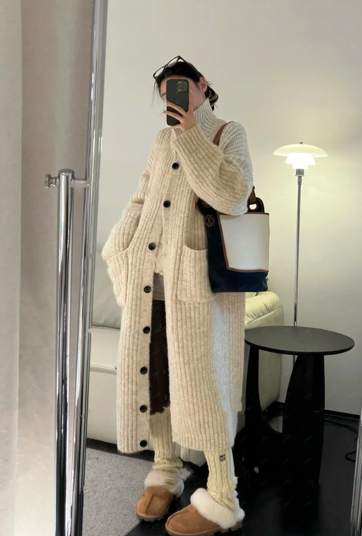 加长款秋冬翻领时尚百搭复古宽松毛衣针织衫韩版慵懒风长袖毛衣裙