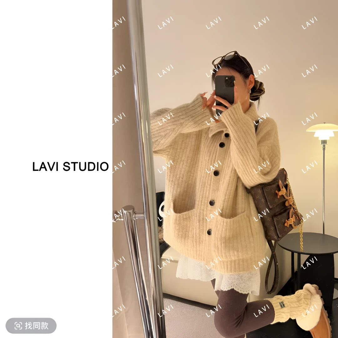 乌勒尔的火种韩系高领纯色竖条纹百搭保暖针织开衫慵懒风秋冬穿搭