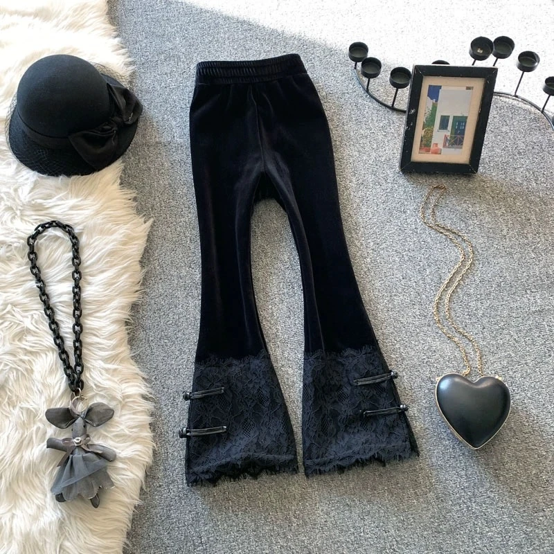 秋冬丝绒微喇裤女加绒高腰盘扣蕾丝拼接显瘦直筒裤