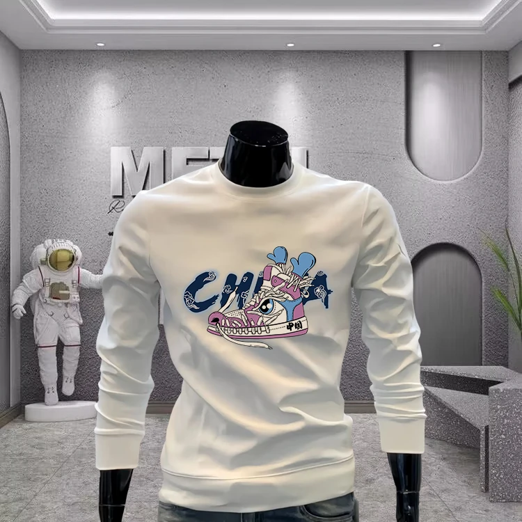 欧货秋冬季圆领时尚休闲加绒卫衣保暖套头长袖上衣男士印花百搭款