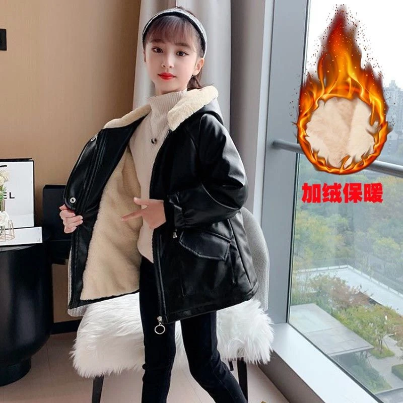 女童冬季皮衣外套2025新款洋气中大童加厚风衣中长款加绒保暖棉衣