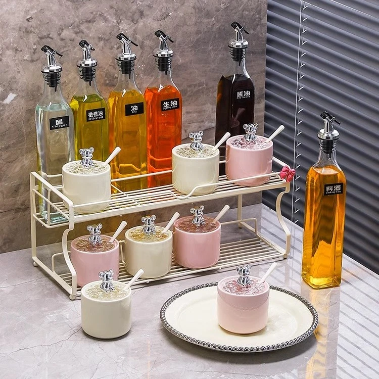 马卡龙色调料罐套装家用厨房陶瓷玻璃有盖调味盒醋酱油瓶子组合装