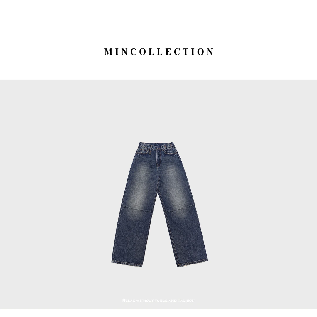 DE Mincollection拼接牛仔/美式复古水洗立体分割做旧直筒牛仔裤