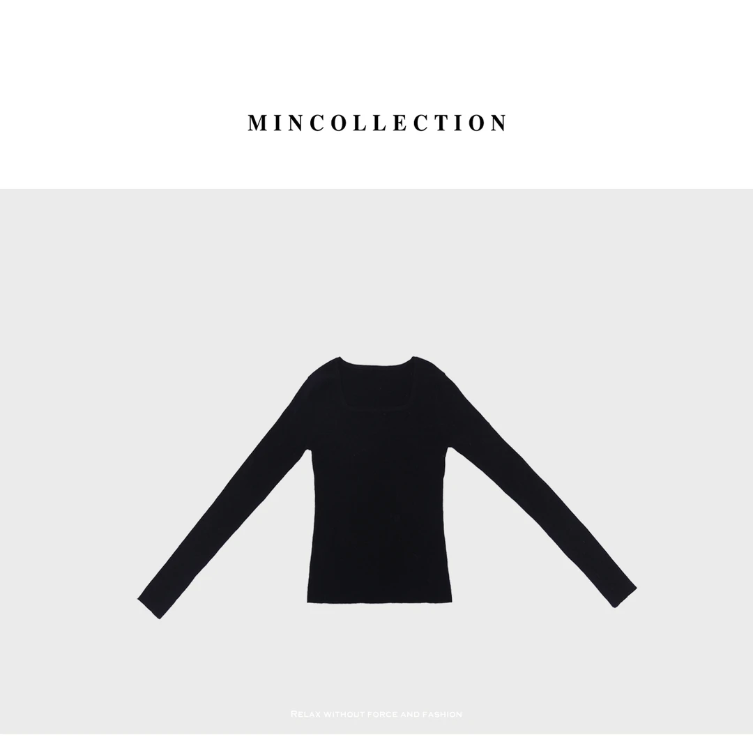 DE Mincollection方领针织/法式方领纯羊毛修身显瘦内搭针织