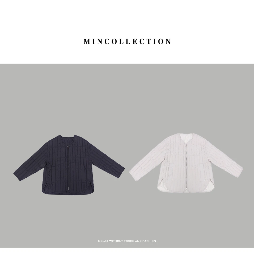 DE Mincollection 绗线羽绒服/简约北欧风复古竖纹拉链鸭绒羽绒服