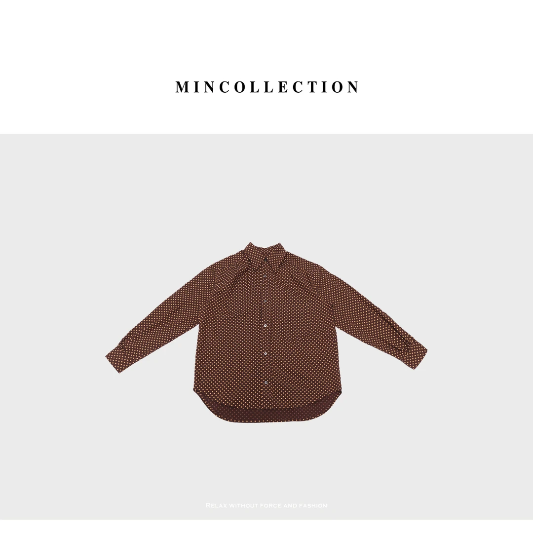 DE Mincollection波点衬衫/复古港风橘咖细密棉硬挺廓形长袖衬衫