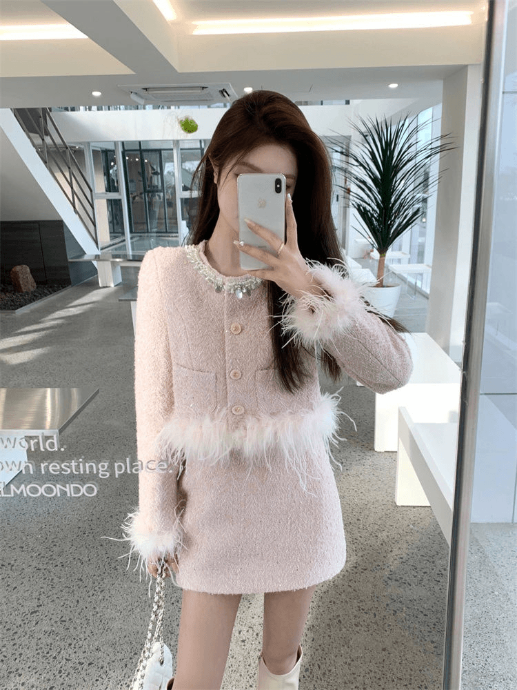 显瘦名媛洋气重工小个子外套秋冬季新款高腰包臀半身裙两件套女装