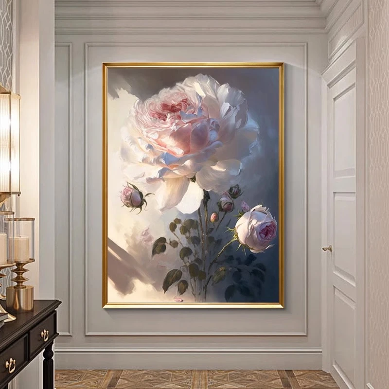 手绘油画简美式玄关画现代客厅餐厅装饰画花开富贵玫瑰走廊竖挂画