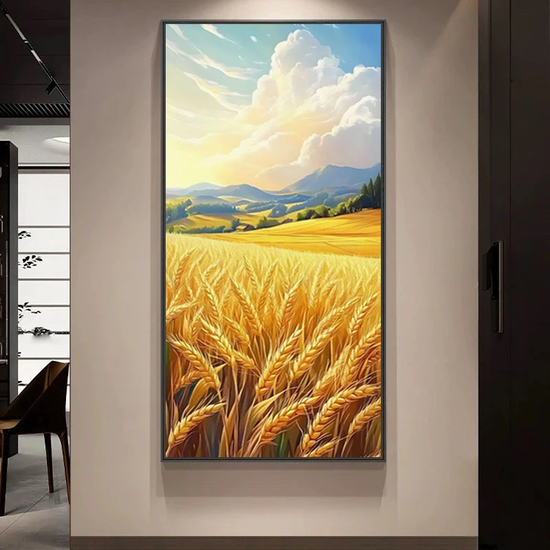金色麦穗玄关装饰画手绘油画客厅五谷丰登田园丰收挂画风景高级感