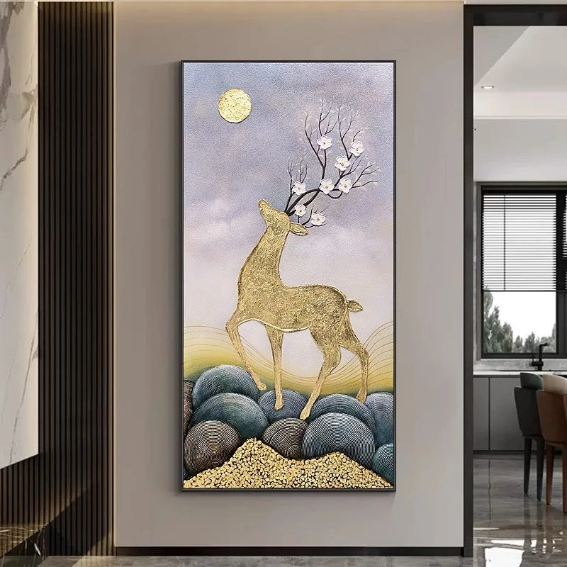 油画入户玄关装饰画纯手绘现代轻奢高档过道装饰壁画客厅麋鹿挂画