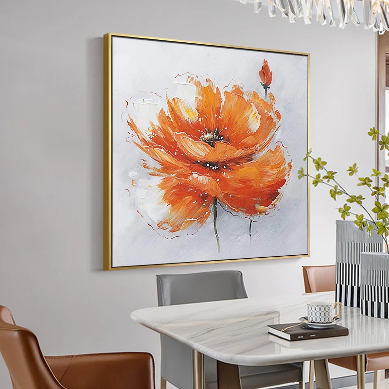 手绘油画轻奢餐厅装饰画简约现代饭厅墙壁挂画客厅玄关抽象橙色画