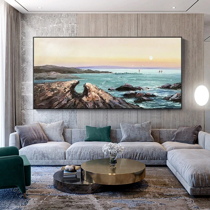 客厅装饰画现代简约沙发背景墙挂画轻奢立体手绘油画抽象风景日出