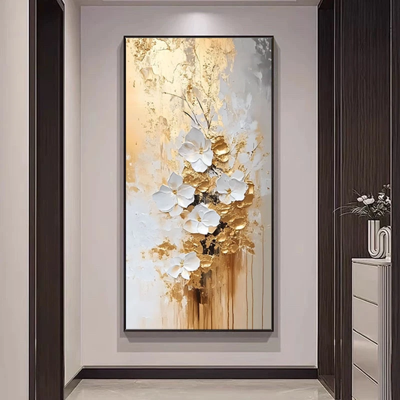 油画手绘金箔挂画抽象艺术过道小众墙上背景墙花卉大幅玄关装饰画