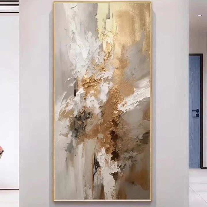 纯手绘油画轻高级抽象金色轻奢现代简约玄关装饰画挂画走廊过道竖
