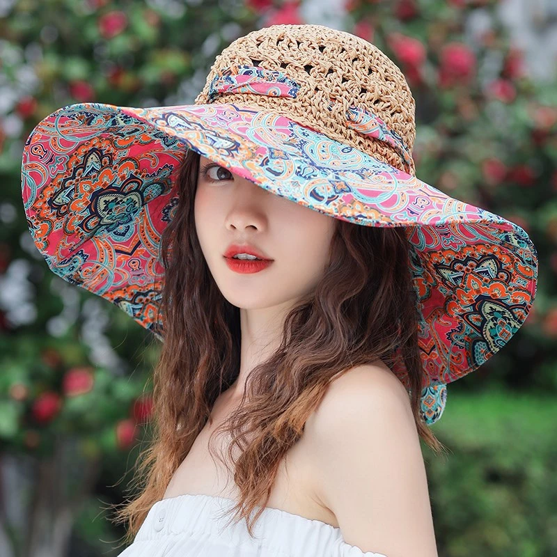 沙滩帽子女大帽沿拼接草帽遮阳防晒海边度假旅游夏天渔夫帽韩版新